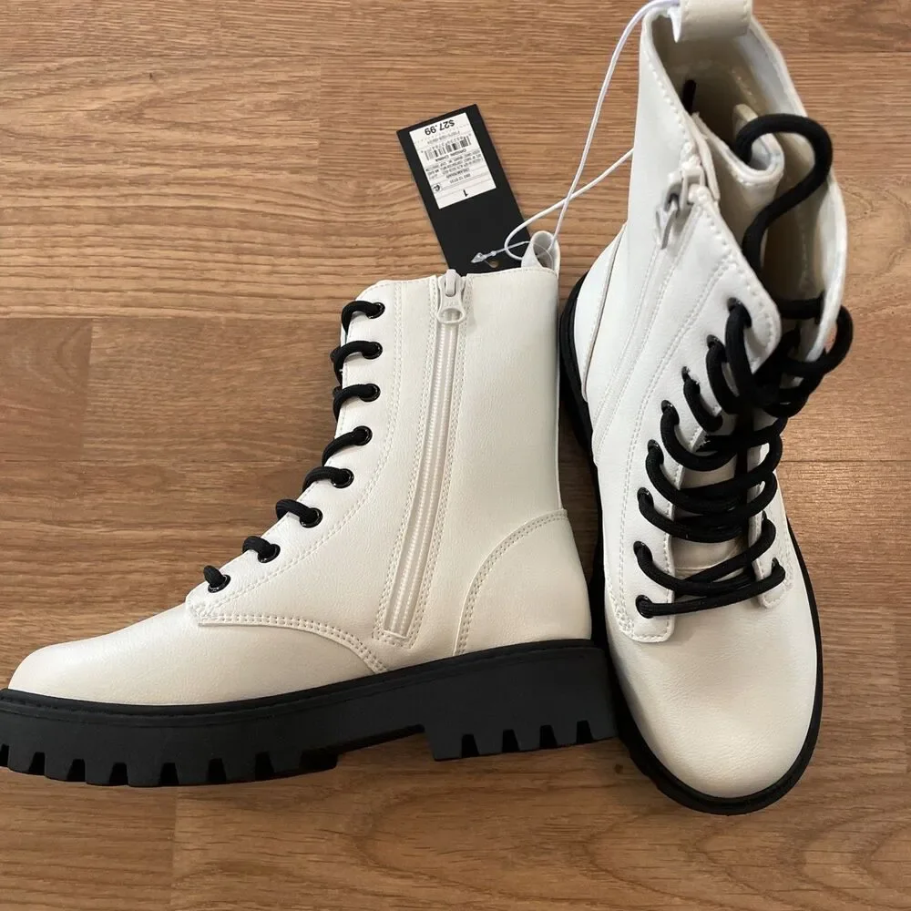 Art Class Girls Khari Combat Boots Size 1 Ivory White Lace Up Platform Lug Sole